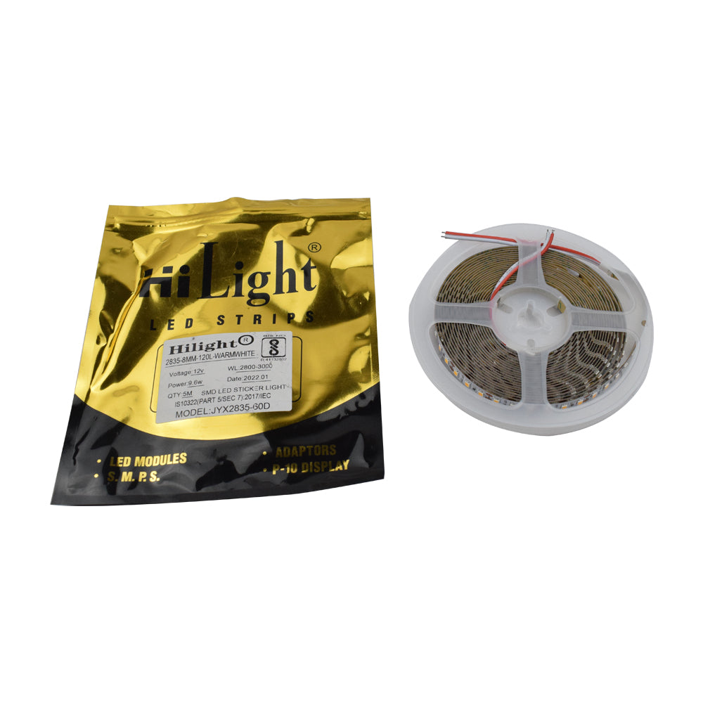 HiLight 12V 9.6W Warm White 8MM 5 Meter LED Strip in 2835 Package - Electra Traders | Electronic Components & Gadgets India