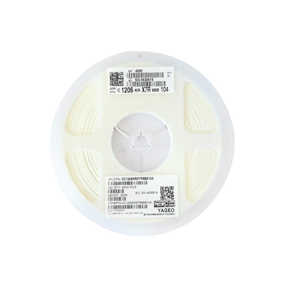 YAGEO 100nf 0.1uf 50V 1206 SMD Capacitor (Pack of 4000) - Electra Traders | Electronic Components & Gadgets India