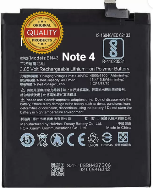 BN43 4100mAh Mobile Battery For Xiaomi Mi Redmi Note 4 - Electra Traders | Electronic Components & Gadgets India