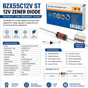 ST BZX55C12V 12V Zener Diode DO-35 | Semtech Electronics | Original Zener Diode for Voltage Regulation