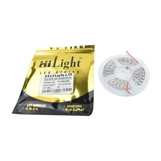 HiLight 12V 12W/m Warm White 4mm 5 Meter LED Strip in 2835 Package - Electra Traders | Electronic Components & Gadgets India