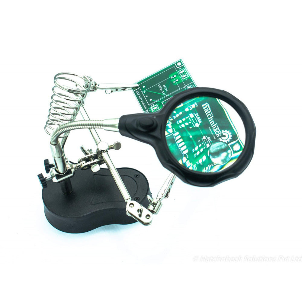 Hoki 5 in 1 Helping Hand for PCB with Multifunctional Magnifier and Soldering Iron Stand with LED - Electra Traders | Electronic Components & Gadgets India
