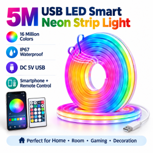5M USB LED Smart Neon Strip Light – RGB, 16M Colors, IP67, 5V